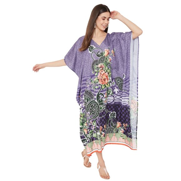 Floral Printed Purple Polyester Kaftan Dress for Women by Gypsie Blu - Picture 3 of 9